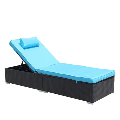 3-Piece Outdoor Patio Furniture Set Chaise Lounge, Patio Reclining Rattan Lounge Chair Chaise Couch Cushioned with Glass Coffee Table, Adjustable Back and Feet, Lounger Chair for Pool Garden, Blue