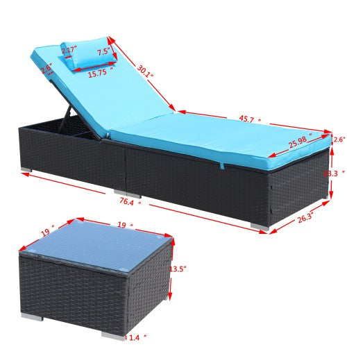 3-Piece Outdoor Patio Furniture Set Chaise Lounge, Patio Reclining Rattan Lounge Chair Chaise Couch Cushioned with Glass Coffee Table, Adjustable Back and Feet, Lounger Chair for Pool Garden, Blue