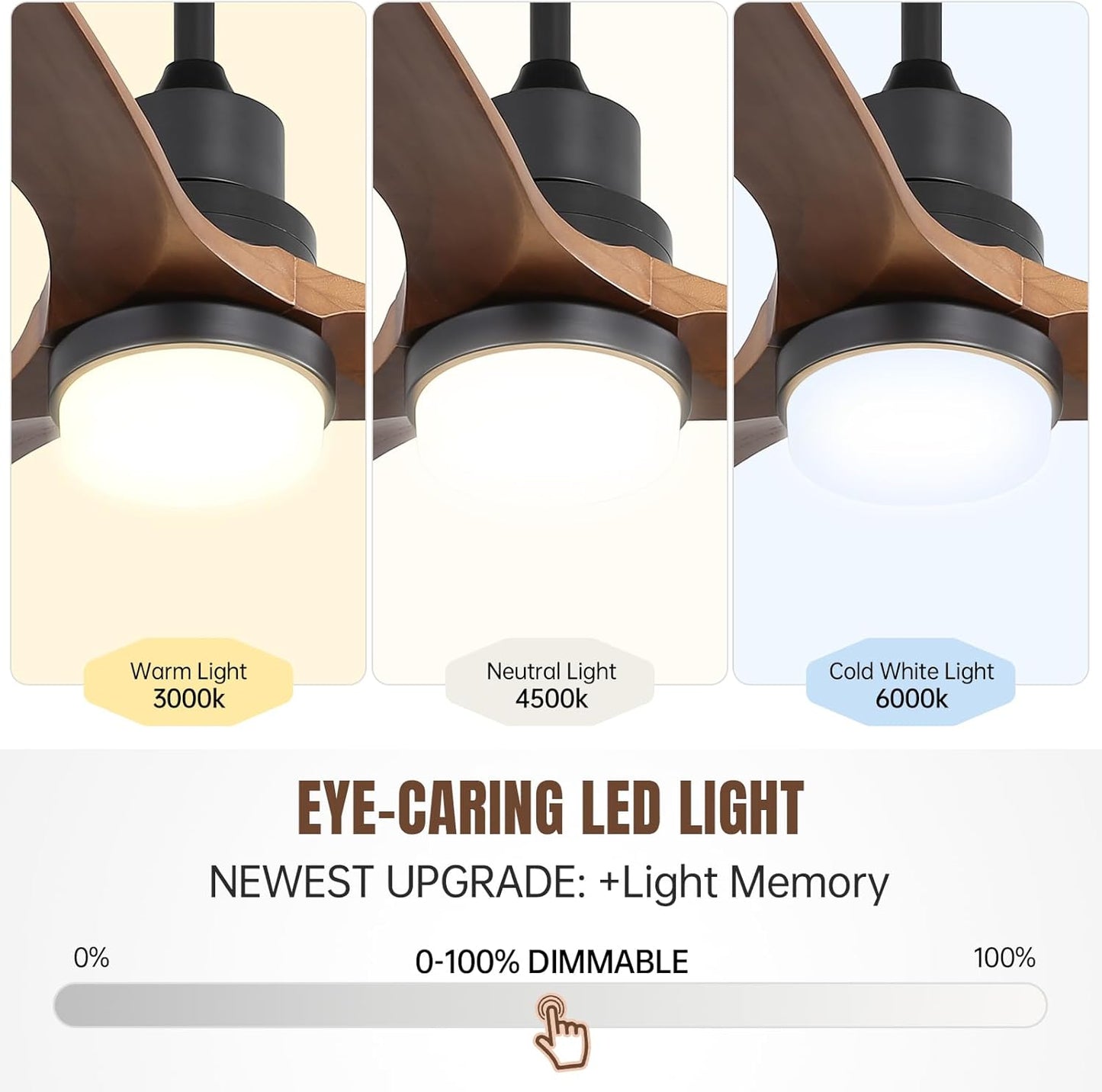 60 Inch Ceiling Fan With Lights 3 Solid Wood Fan Blade Noiseless Reversible Motor Remote Control