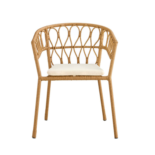 Outdoor dining set of 5, simple bamboo dinning table , PE ratten round table 110CM plastic wood top, Bamboo looking ratten base, 4 dinning chairs with cushion, stackable