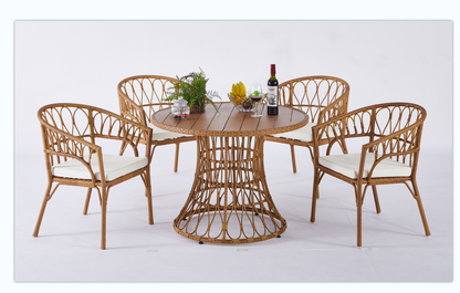 Outdoor dining set of 5, simple bamboo dinning table , PE ratten round table 110CM plastic wood top, Bamboo looking ratten base, 4 dinning chairs with cushion, stackable