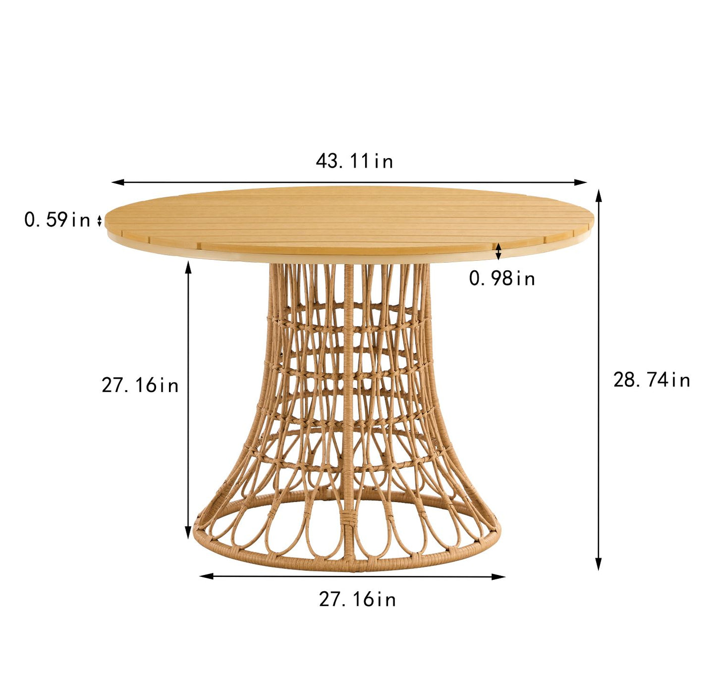 Outdoor dining set of 5, simple bamboo dinning table , PE ratten round table 110CM plastic wood top, Bamboo looking ratten base, 4 dinning chairs with cushion, stackable