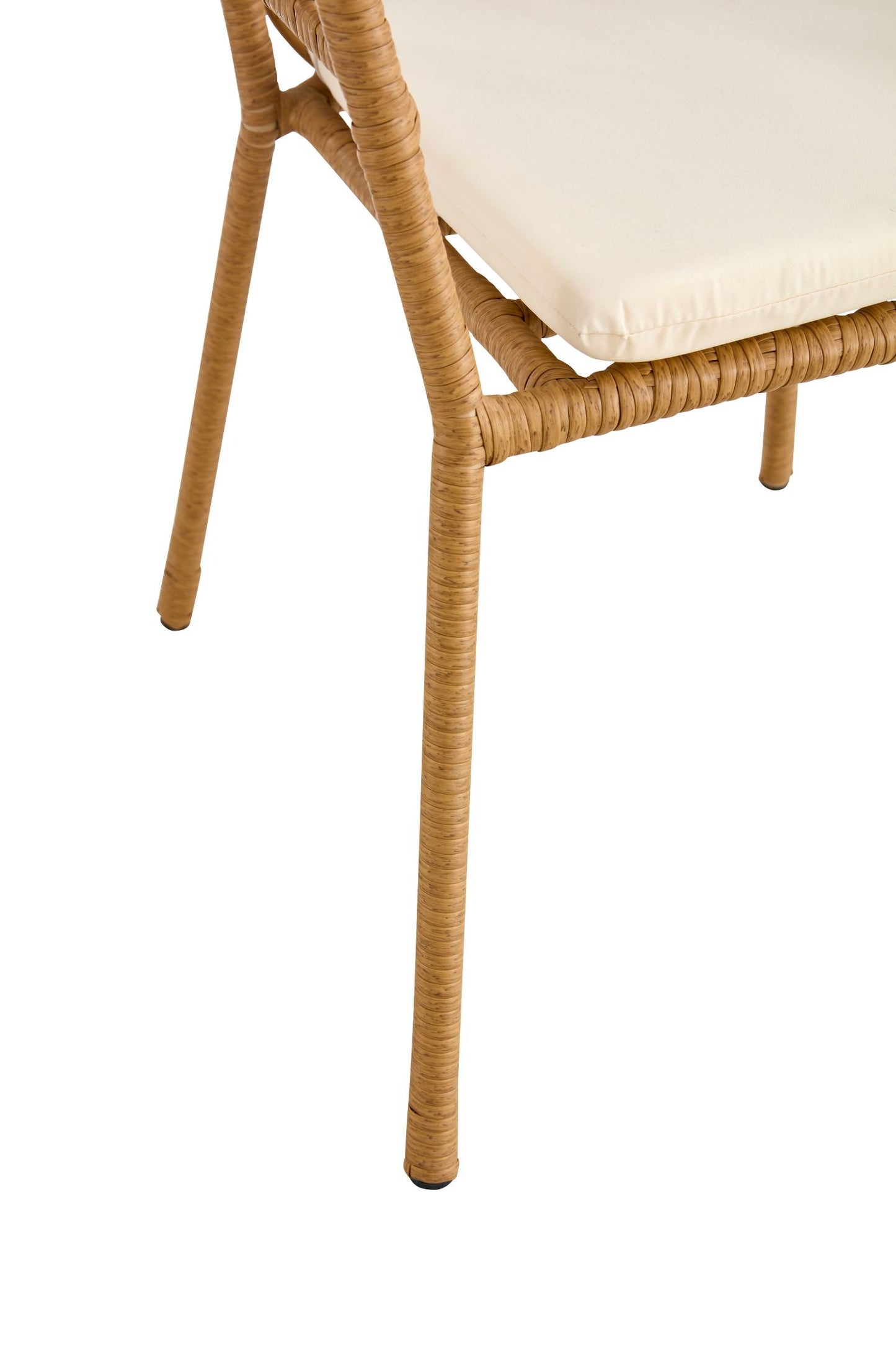 Outdoor dining set of 5, simple bamboo dinning table , PE ratten round table 110CM plastic wood top, Bamboo looking ratten base, 4 dinning chairs with cushion, stackable