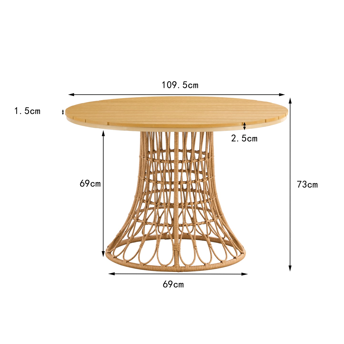 Outdoor dining set of 5, simple bamboo dinning table , PE ratten round table 110CM plastic wood top, Bamboo looking ratten base, 4 dinning chairs with cushion, stackable