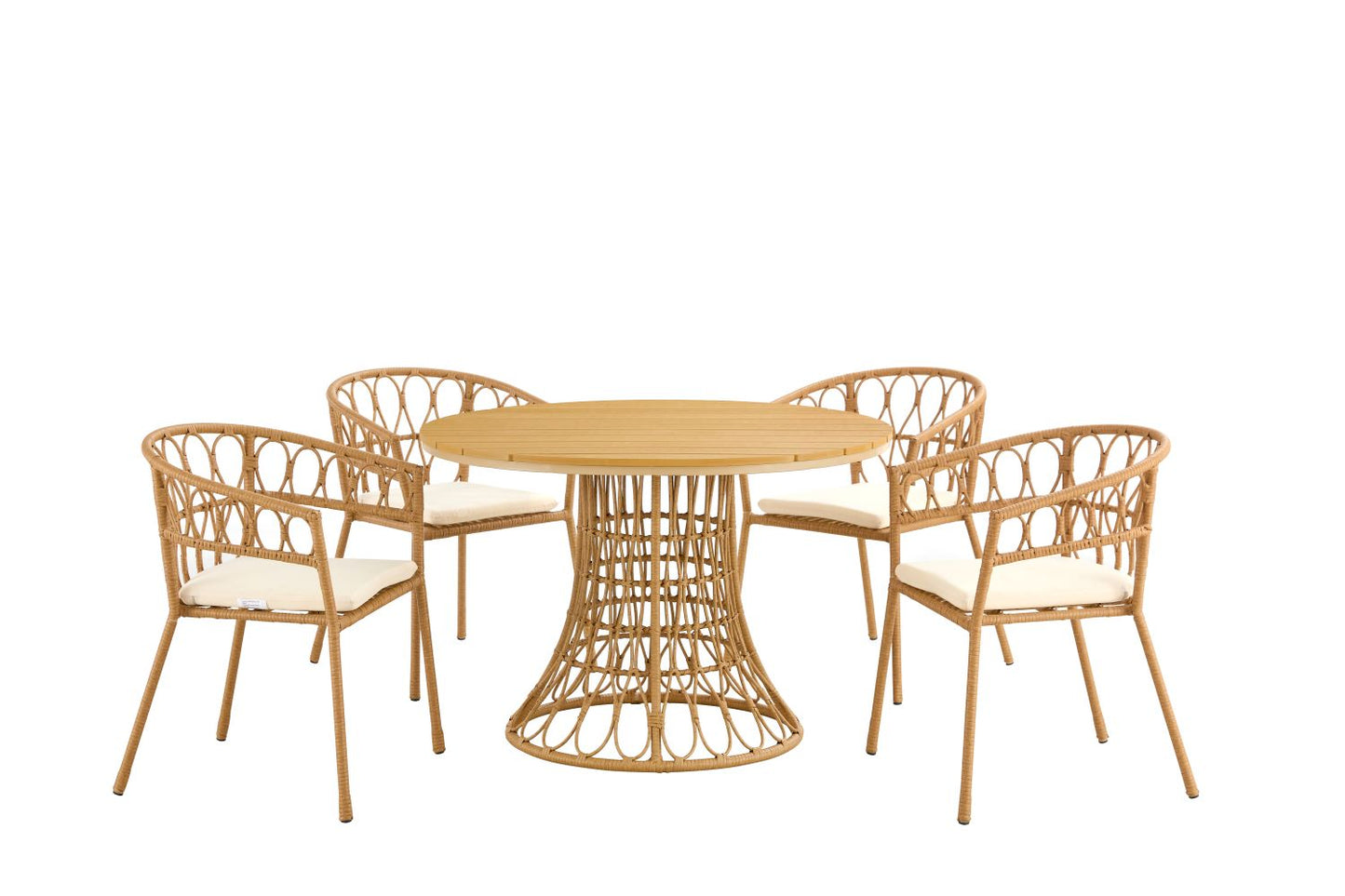 Outdoor dining set of 5, simple bamboo dinning table , PE ratten round table 110CM plastic wood top, Bamboo looking ratten base, 4 dinning chairs with cushion, stackable