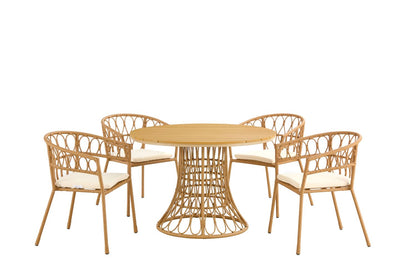 Outdoor dining set of 5, simple bamboo dinning table , PE ratten round table 110CM plastic wood top, Bamboo looking ratten base, 4 dinning chairs with cushion, stackable