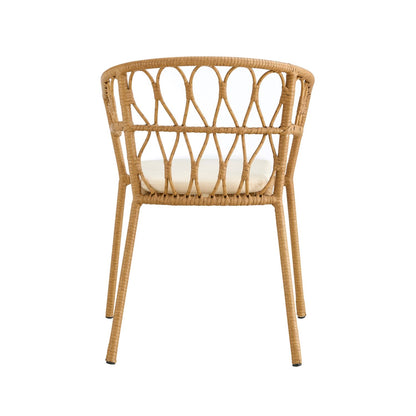 Outdoor dining set of 5, simple bamboo dinning table , PE ratten round table 110CM plastic wood top, Bamboo looking ratten base, 4 dinning chairs with cushion, stackable