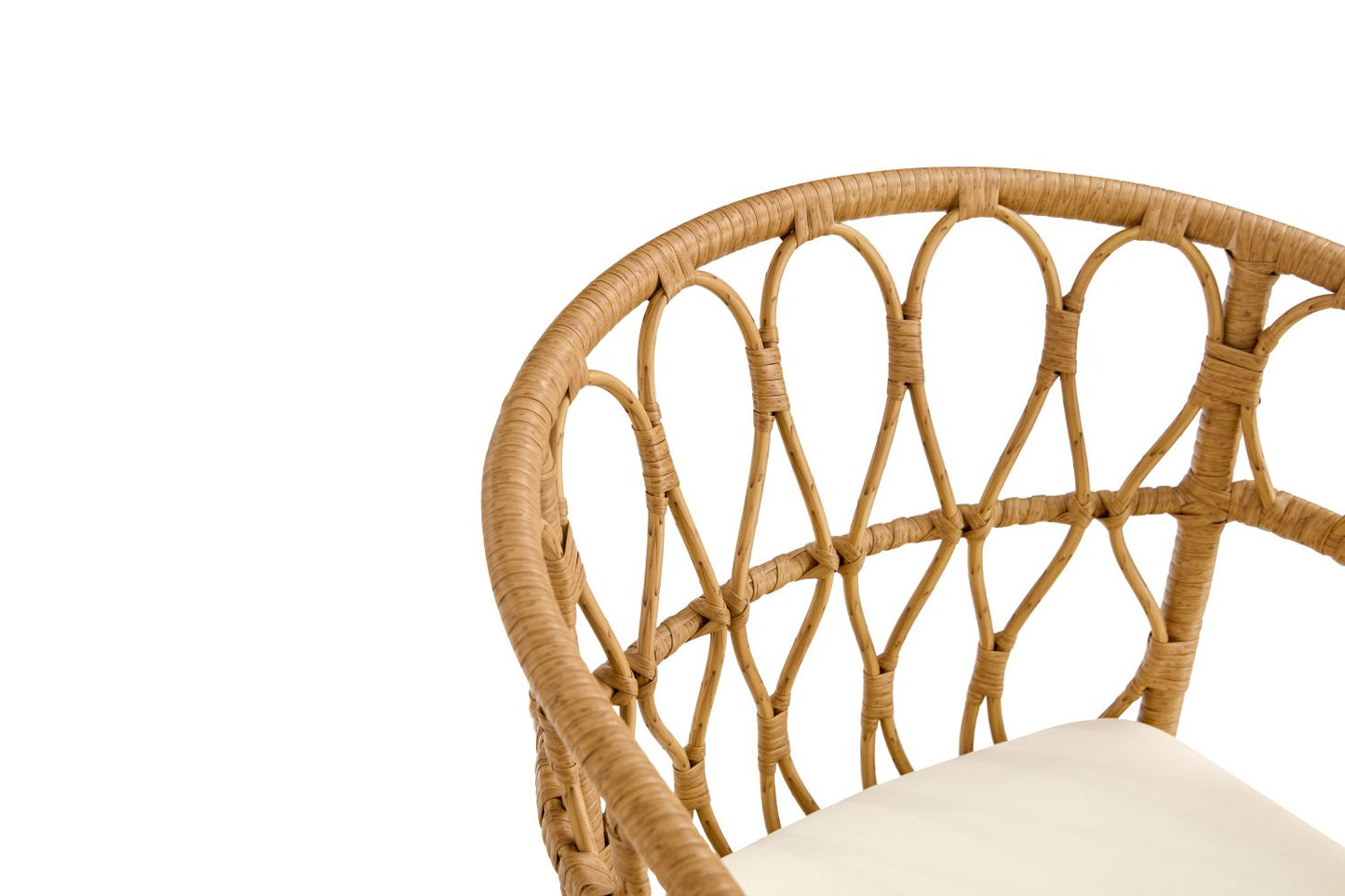 Outdoor dining set of 5, simple bamboo dinning table , PE ratten round table 110CM plastic wood top, Bamboo looking ratten base, 4 dinning chairs with cushion, stackable