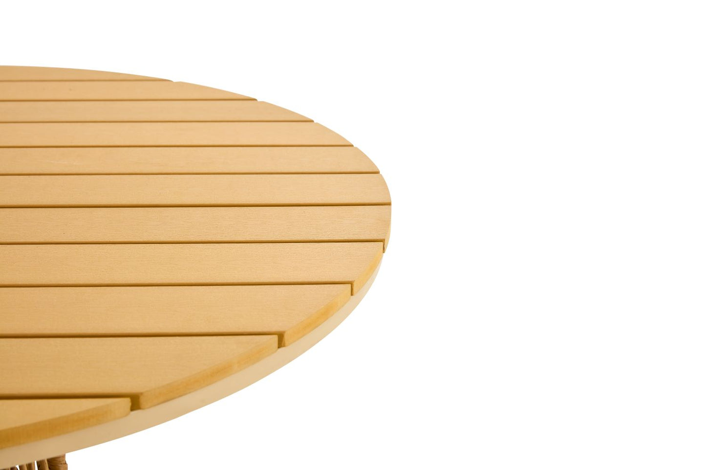 Outdoor dining set of 5, simple bamboo dinning table , PE ratten round table 110CM plastic wood top, Bamboo looking ratten base, 4 dinning chairs with cushion, stackable