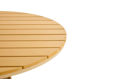 Outdoor dining set of 5, simple bamboo dinning table , PE ratten round table 110CM plastic wood top, Bamboo looking ratten base, 4 dinning chairs with cushion, stackable