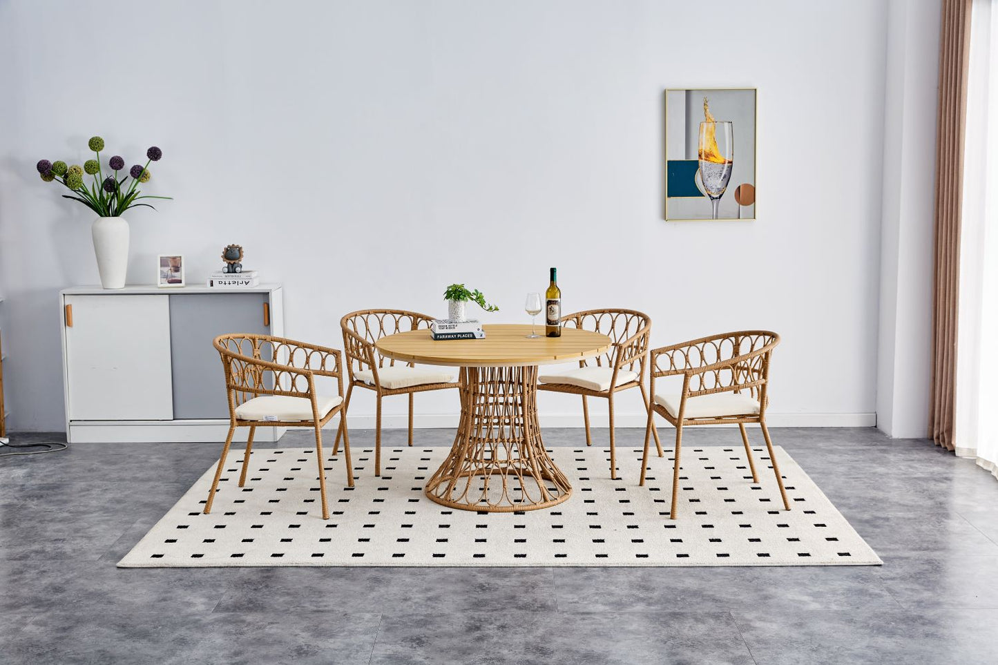 Outdoor dining set of 5, simple bamboo dinning table , PE ratten round table 110CM plastic wood top, Bamboo looking ratten base, 4 dinning chairs with cushion, stackable