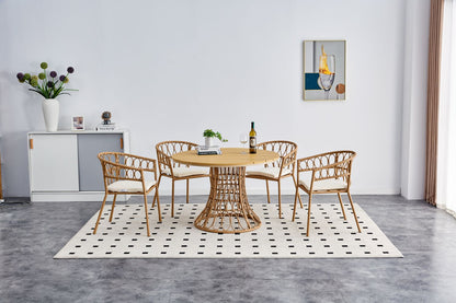 Outdoor dining set of 5, simple bamboo dinning table , PE ratten round table 110CM plastic wood top, Bamboo looking ratten base, 4 dinning chairs with cushion, stackable