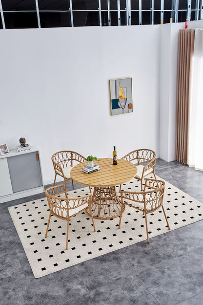 Outdoor dining set of 5, simple bamboo dinning table , PE ratten round table 110CM plastic wood top, Bamboo looking ratten base, 4 dinning chairs with cushion, stackable