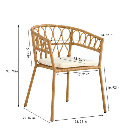 Outdoor dining set of 5, simple bamboo dinning table , PE ratten round table 110CM plastic wood top, Bamboo looking ratten base, 4 dinning chairs with cushion, stackable