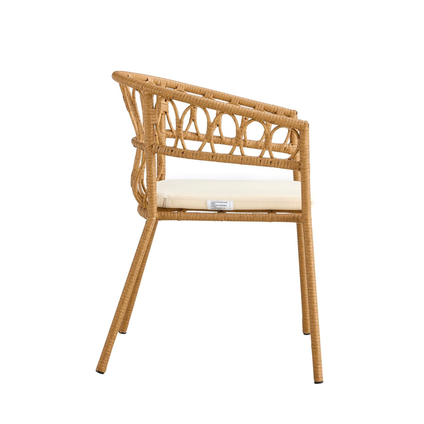 Outdoor dining set of 5, simple bamboo dinning table , PE ratten round table 110CM plastic wood top, Bamboo looking ratten base, 4 dinning chairs with cushion, stackable