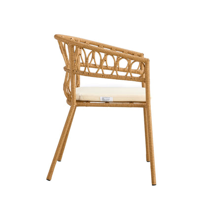 Outdoor dining set of 5, simple bamboo dinning table , PE ratten round table 110CM plastic wood top, Bamboo looking ratten base, 4 dinning chairs with cushion, stackable