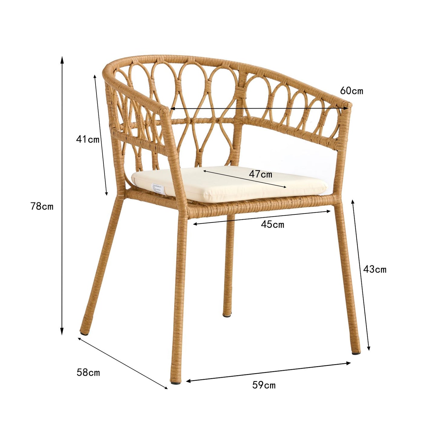 Outdoor dining set of 5, simple bamboo dinning table , PE ratten round table 110CM plastic wood top, Bamboo looking ratten base, 4 dinning chairs with cushion, stackable
