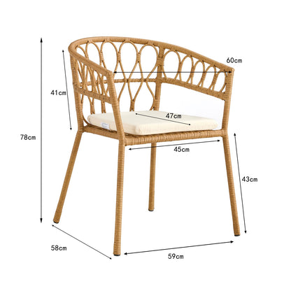 Outdoor dining set of 5, simple bamboo dinning table , PE ratten round table 110CM plastic wood top, Bamboo looking ratten base, 4 dinning chairs with cushion, stackable