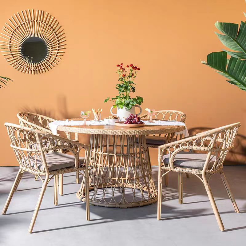 Outdoor dining set of 5, simple bamboo dinning table , PE ratten round table 110CM plastic wood top, Bamboo looking ratten base, 4 dinning chairs with cushion, stackable