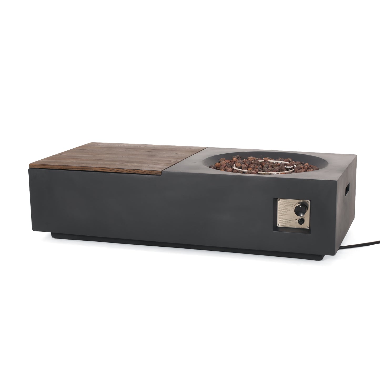 Outdoor 50,000 BTU Lightweight Concrete Rectangular Fire Pit Table with Storage, Dark Gray and Natural Brown (Tank Cover not Included)