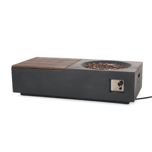 Outdoor 50,000 BTU Lightweight Concrete Rectangular Fire Pit Table with Storage, Dark Gray and Natural Brown (Tank Cover not Included)