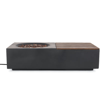 Outdoor 50,000 BTU Lightweight Concrete Rectangular Fire Pit Table with Storage, Dark Gray and Natural Brown (Tank Cover not Included)
