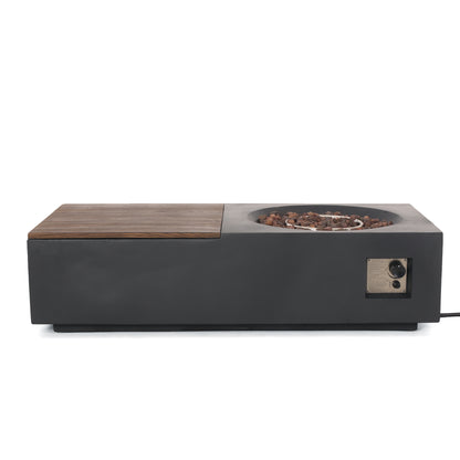 Outdoor 50,000 BTU Lightweight Concrete Rectangular Fire Pit Table with Storage, Dark Gray and Natural Brown (Tank Cover not Included)