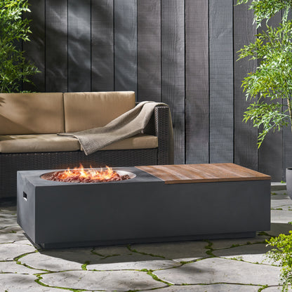 Outdoor 50,000 BTU Lightweight Concrete Rectangular Fire Pit Table with Storage, Dark Gray and Natural Brown (Tank Cover not Included)
