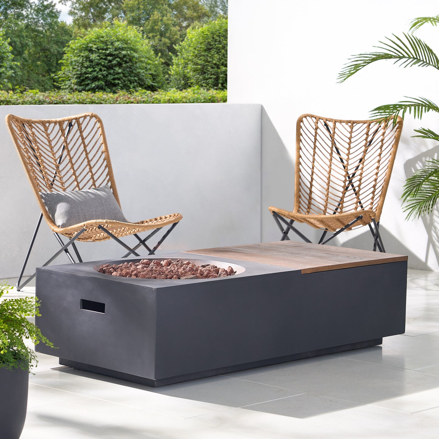 Outdoor 50,000 BTU Lightweight Concrete Rectangular Fire Pit Table with Storage, Dark Gray and Natural Brown (Tank Cover not Included)