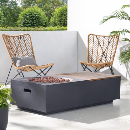 Outdoor 50,000 BTU Lightweight Concrete Rectangular Fire Pit Table with Storage, Dark Gray and Natural Brown (Tank Cover not Included)