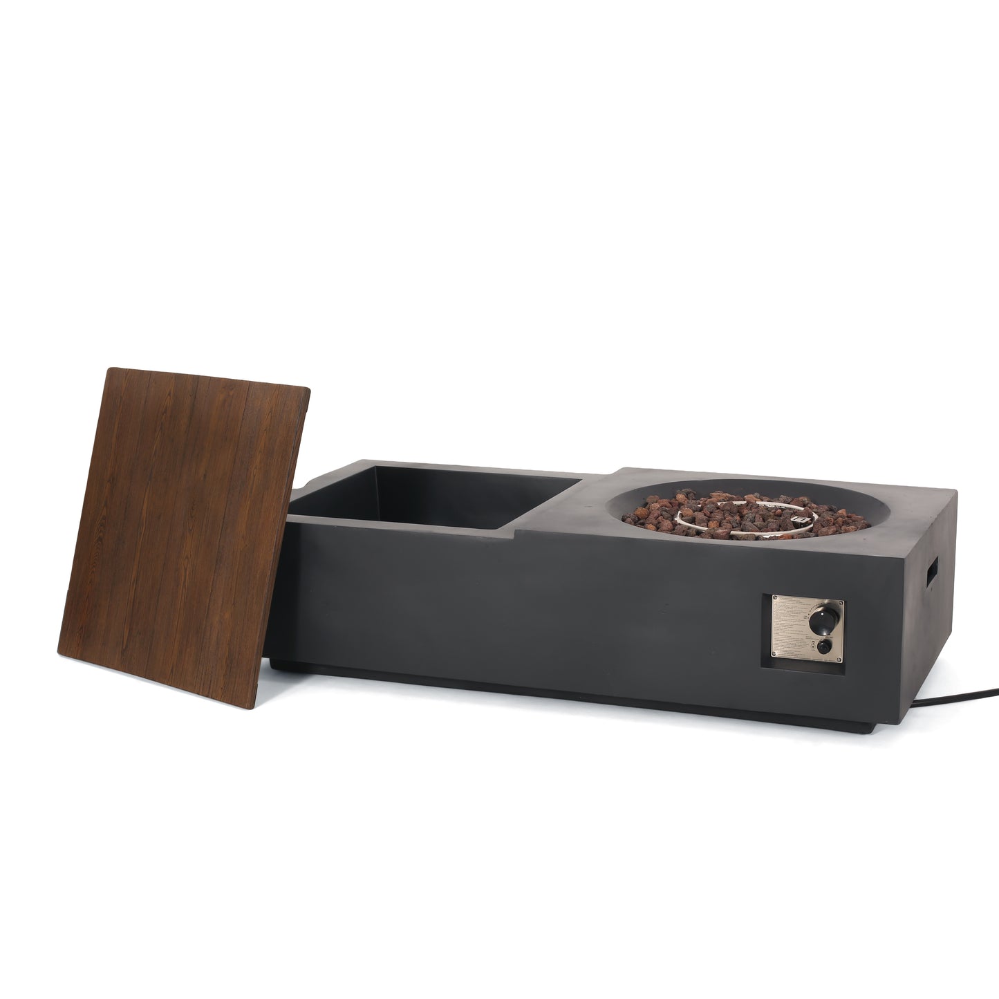 Outdoor 50,000 BTU Lightweight Concrete Rectangular Fire Pit Table with Storage, Dark Gray and Natural Brown (Tank Cover not Included)
