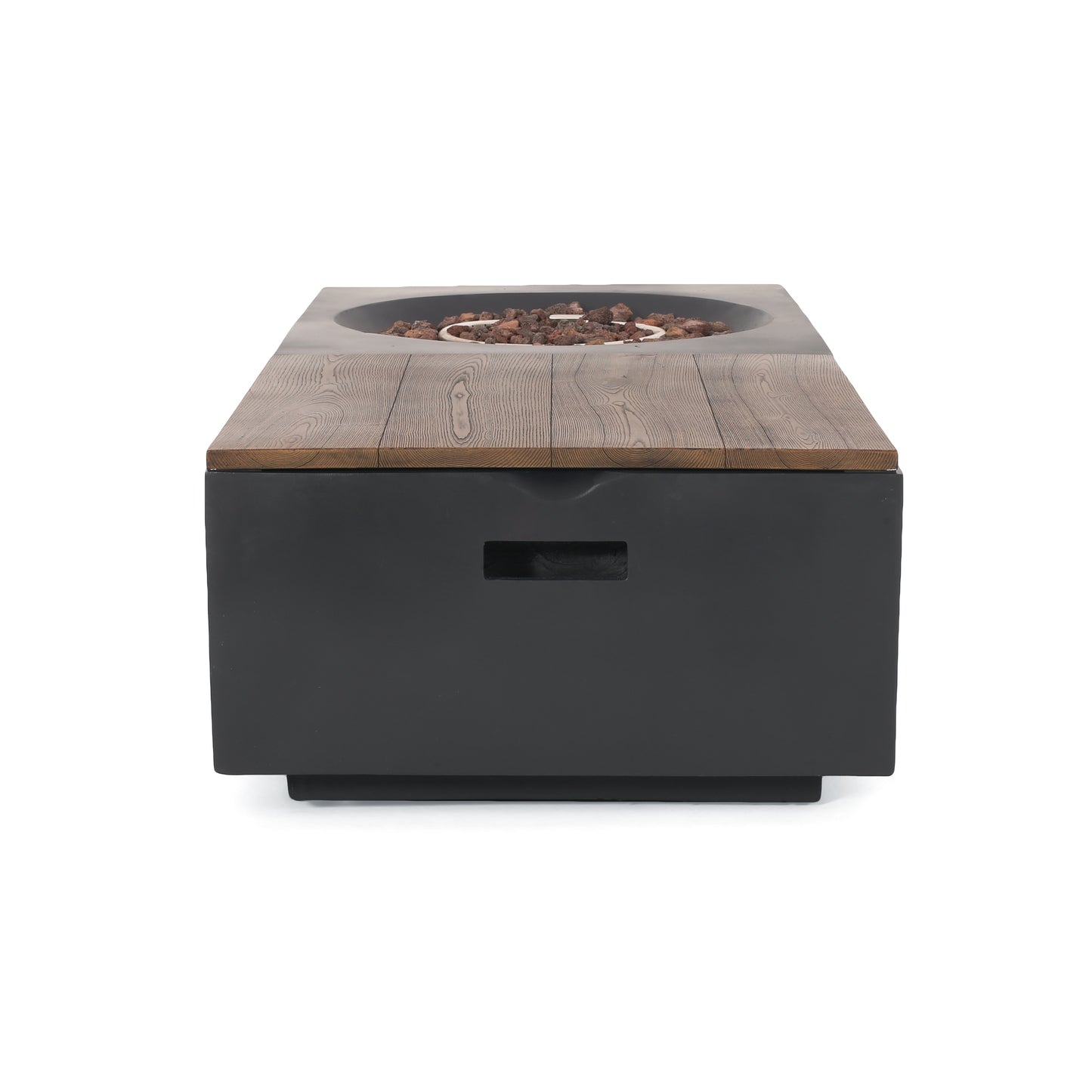 Outdoor 50,000 BTU Lightweight Concrete Rectangular Fire Pit Table with Storage, Dark Gray and Natural Brown (Tank Cover not Included)