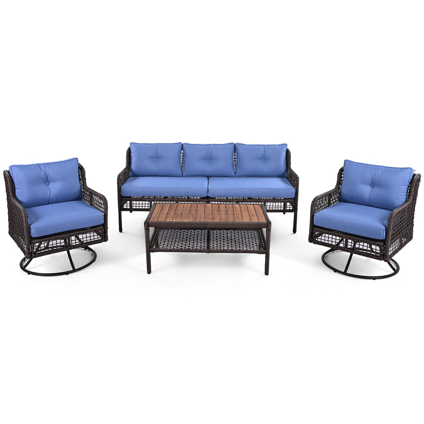 GO 4 Pieces Patio Furniture Set with Swivel Chairs, Outdoor Wicker Sofas for 5-person, Sectional Rattan Outdoor Conversation Set for Poolside Backyard Deck, Blue
