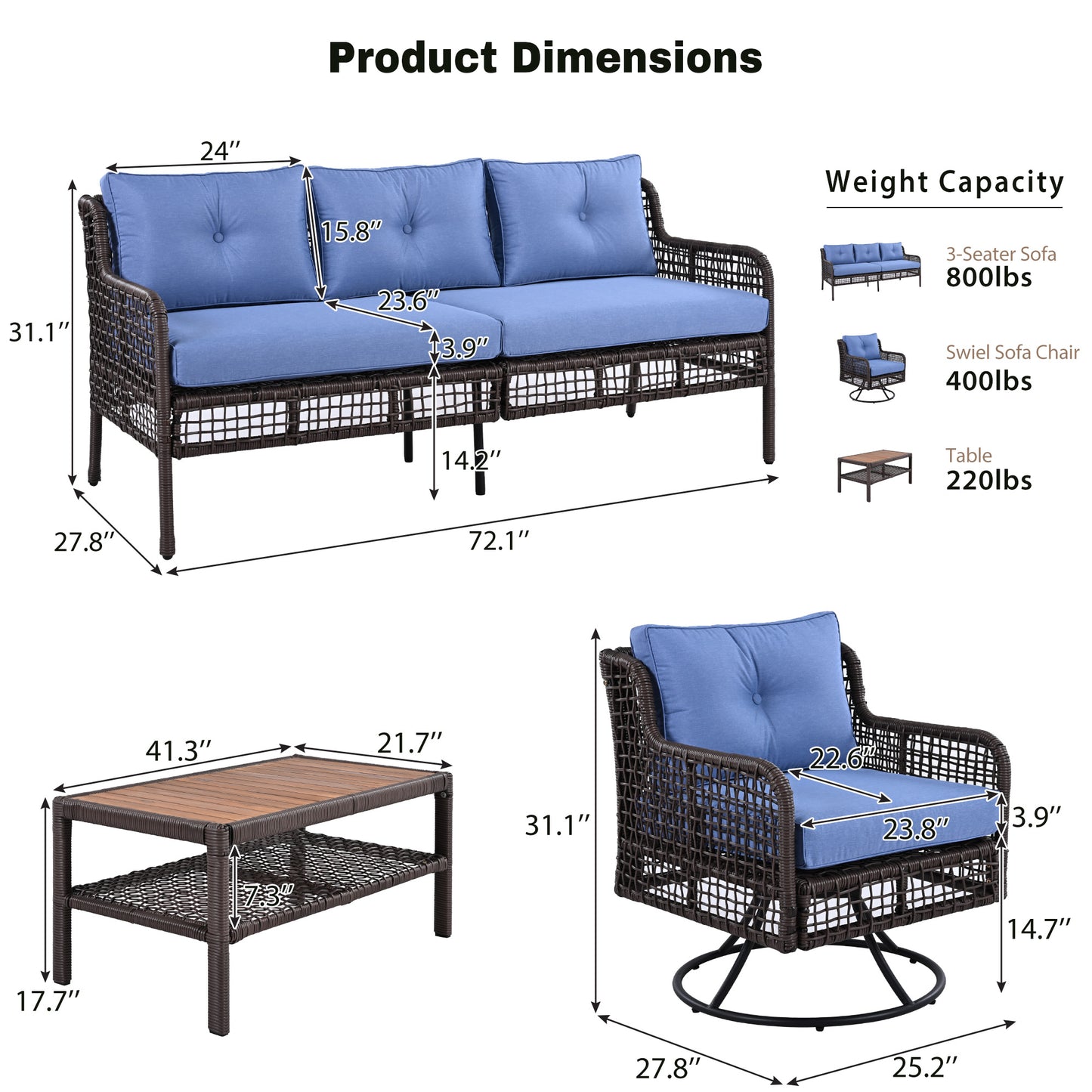 GO 4 Pieces Patio Furniture Set with Swivel Chairs, Outdoor Wicker Sofas for 5-person, Sectional Rattan Outdoor Conversation Set for Poolside Backyard Deck, Blue