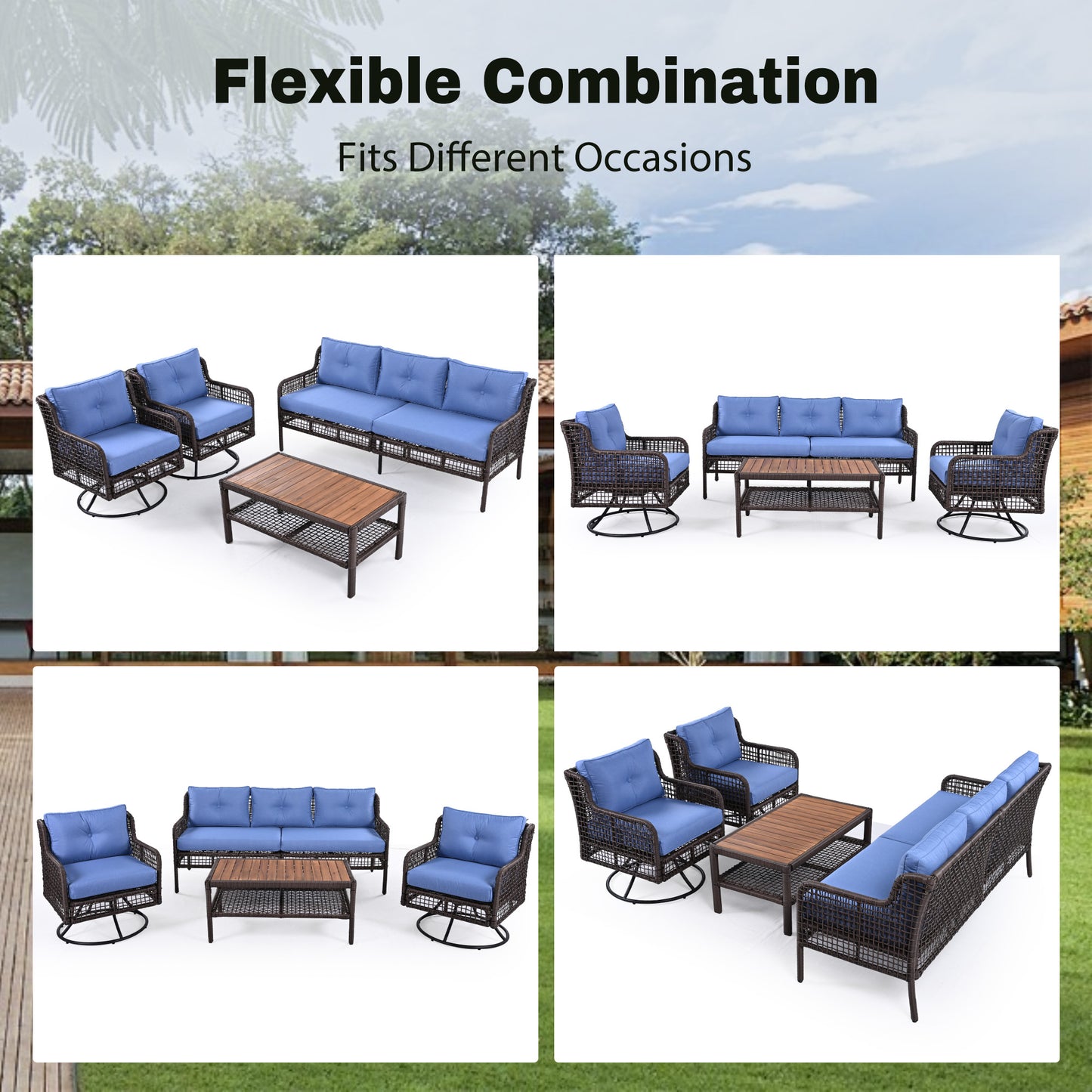 GO 4 Pieces Patio Furniture Set with Swivel Chairs, Outdoor Wicker Sofas for 5-person, Sectional Rattan Outdoor Conversation Set for Poolside Backyard Deck, Blue