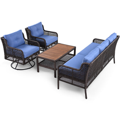 GO 4 Pieces Patio Furniture Set with Swivel Chairs, Outdoor Wicker Sofas for 5-person, Sectional Rattan Outdoor Conversation Set for Poolside Backyard Deck, Blue