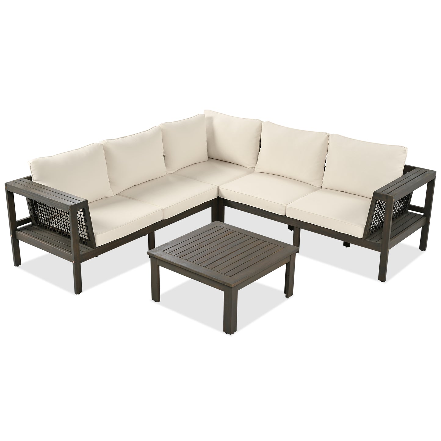 GO 4 Pieces Outdoor Acacia Wood Sofa Set, Woven Mesh Armrests, L-Shaped Patio Furniture Sofa Set with Coffee Table, Outdoor Conversation Set with Beige Cushions and Side Table