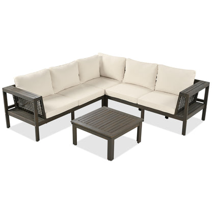 GO 4 Pieces Outdoor Acacia Wood Sofa Set, Woven Mesh Armrests, L-Shaped Patio Furniture Sofa Set with Coffee Table, Outdoor Conversation Set with Beige Cushions and Side Table