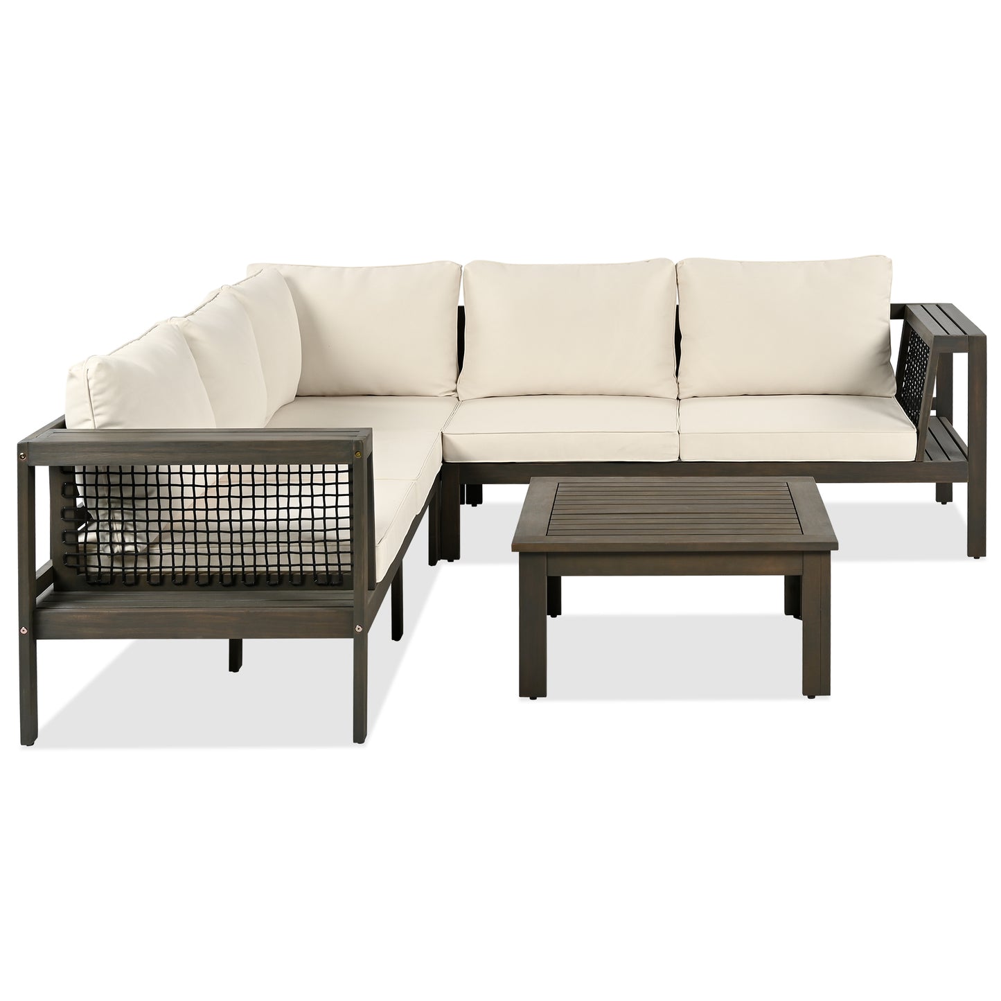 GO 4 Pieces Outdoor Acacia Wood Sofa Set, Woven Mesh Armrests, L-Shaped Patio Furniture Sofa Set with Coffee Table, Outdoor Conversation Set with Beige Cushions and Side Table