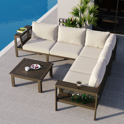 GO 4 Pieces Outdoor Acacia Wood Sofa Set, Woven Mesh Armrests, L-Shaped Patio Furniture Sofa Set with Coffee Table, Outdoor Conversation Set with Beige Cushions and Side Table