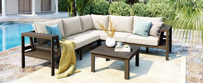 GO 4 Pieces Outdoor Acacia Wood Sofa Set, Woven Mesh Armrests, L-Shaped Patio Furniture Sofa Set with Coffee Table, Outdoor Conversation Set with Beige Cushions and Side Table