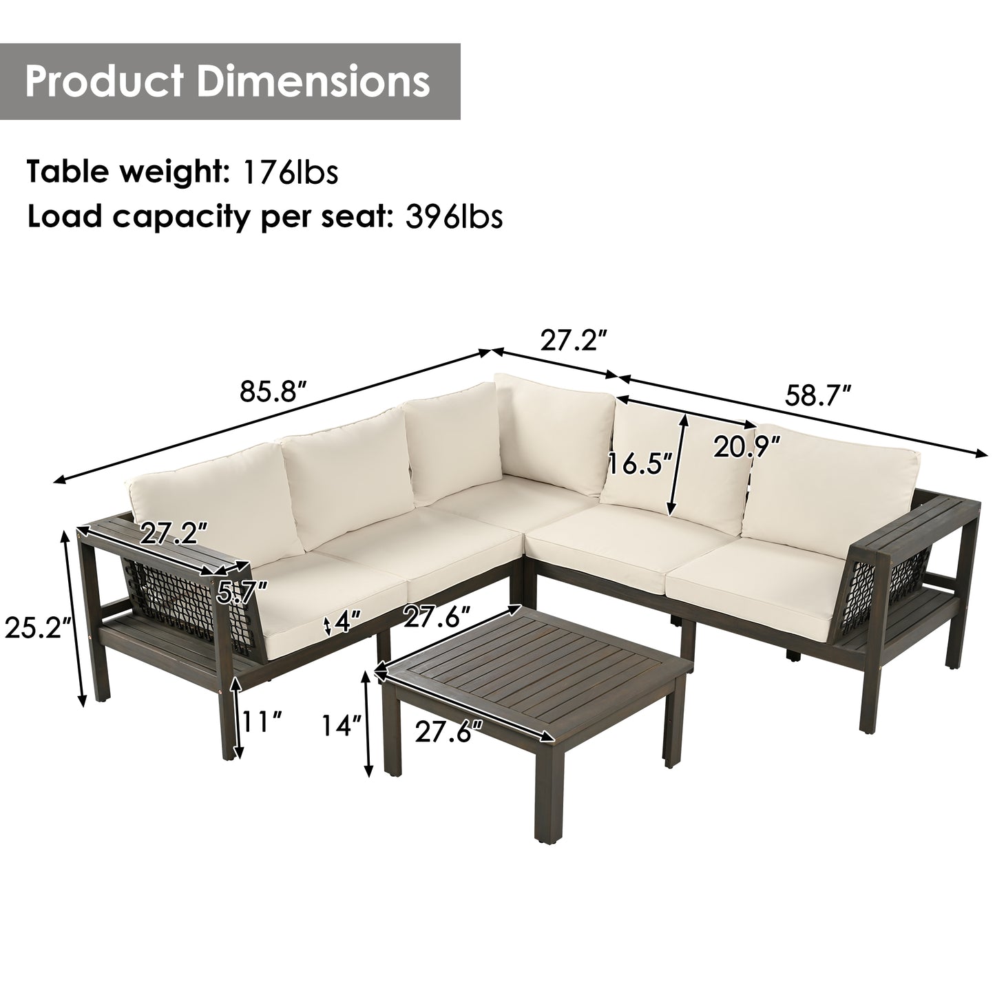 GO 4 Pieces Outdoor Acacia Wood Sofa Set, Woven Mesh Armrests, L-Shaped Patio Furniture Sofa Set with Coffee Table, Outdoor Conversation Set with Beige Cushions and Side Table