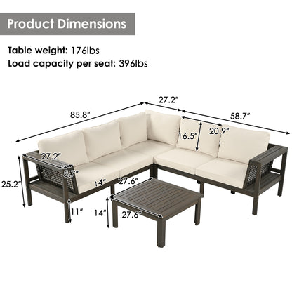 GO 4 Pieces Outdoor Acacia Wood Sofa Set, Woven Mesh Armrests, L-Shaped Patio Furniture Sofa Set with Coffee Table, Outdoor Conversation Set with Beige Cushions and Side Table
