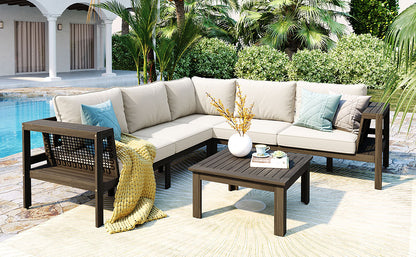 GO 4 Pieces Outdoor Acacia Wood Sofa Set, Woven Mesh Armrests, L-Shaped Patio Furniture Sofa Set with Coffee Table, Outdoor Conversation Set with Beige Cushions and Side Table