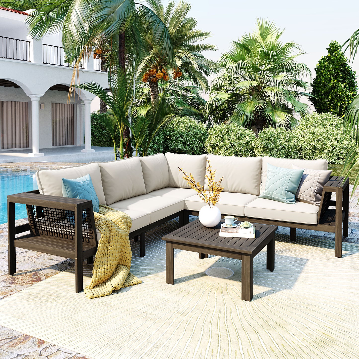 GO 4 Pieces Outdoor Acacia Wood Sofa Set, Woven Mesh Armrests, L-Shaped Patio Furniture Sofa Set with Coffee Table, Outdoor Conversation Set with Beige Cushions and Side Table