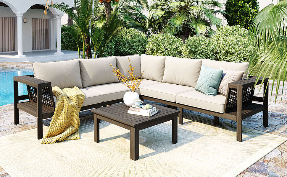GO 4 Pieces Outdoor Acacia Wood Sofa Set, Woven Mesh Armrests, L-Shaped Patio Furniture Sofa Set with Coffee Table, Outdoor Conversation Set with Beige Cushions and Side Table