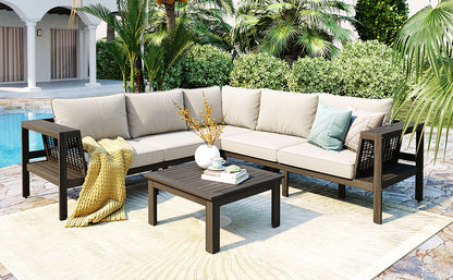 GO 4 Pieces Outdoor Acacia Wood Sofa Set, Woven Mesh Armrests, L-Shaped Patio Furniture Sofa Set with Coffee Table, Outdoor Conversation Set with Beige Cushions and Side Table