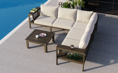 GO 4 Pieces Outdoor Acacia Wood Sofa Set, Woven Mesh Armrests, L-Shaped Patio Furniture Sofa Set with Coffee Table, Outdoor Conversation Set with Beige Cushions and Side Table