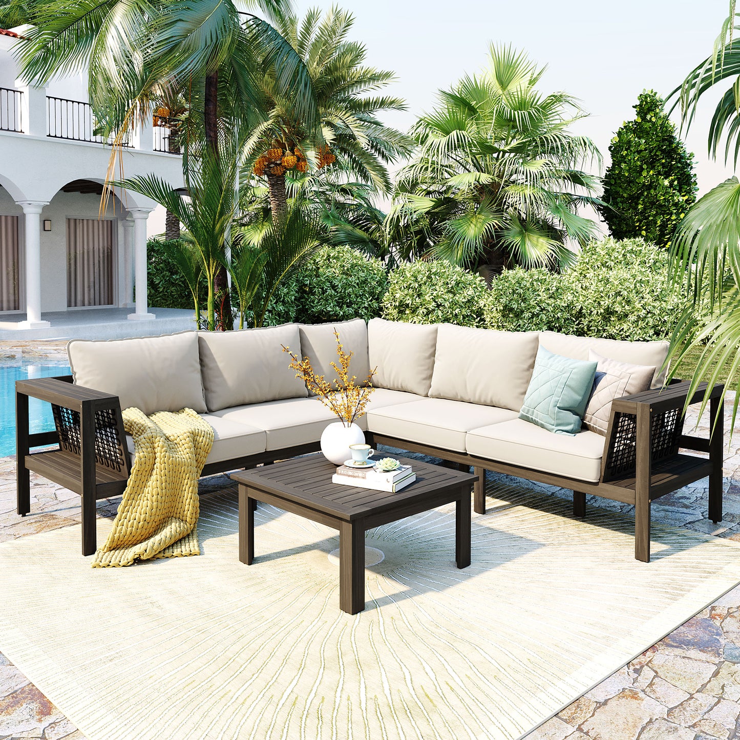 GO 4 Pieces Outdoor Acacia Wood Sofa Set, Woven Mesh Armrests, L-Shaped Patio Furniture Sofa Set with Coffee Table, Outdoor Conversation Set with Beige Cushions and Side Table