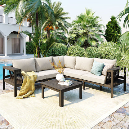 GO 4 Pieces Outdoor Acacia Wood Sofa Set, Woven Mesh Armrests, L-Shaped Patio Furniture Sofa Set with Coffee Table, Outdoor Conversation Set with Beige Cushions and Side Table